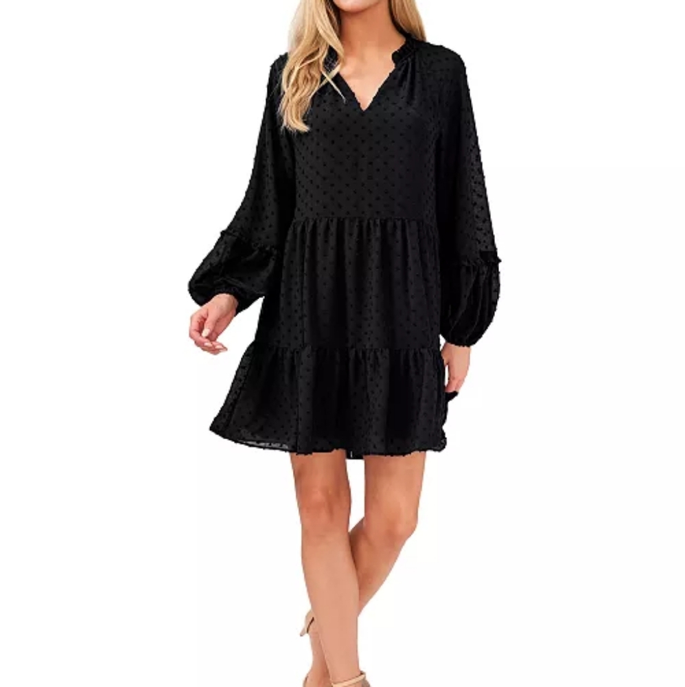 CeCe Long Sleeve V-Neck Ruffled Clip-Dot Dress